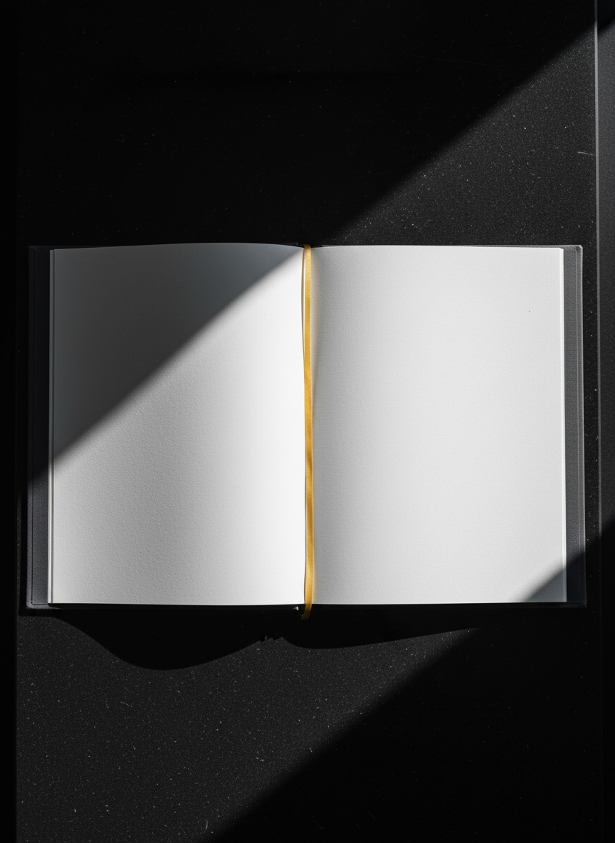 An open, hardcover portfolio book with heavyweight, textured white pages sits on a flawless, black stone slab. The spread is blank yet pristine, with the sharp crease of the spine illuminated by a punchy shaft of sunlight from an unseen source above, producing bold, angular shadows that slice across the pages and stone. All surfaces are clean, edges crisp, and the absence of clutter amplifies the minimalist drama. Framed from a top-down, flat lay perspective, the composition is graphically balanced and stark, focusing the viewer’s attention on the book’s tactile detail and architectural presence—a perfect metaphor for creative potential in a portfolio setting.